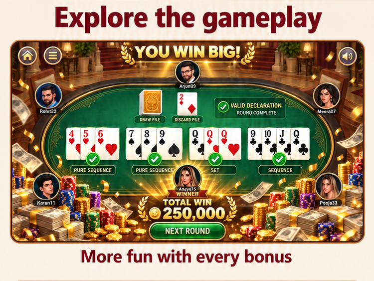 Explore the gameplay. A Rummy Arena card table showing sequences, sets and a winning round. More fun with every bonus.
