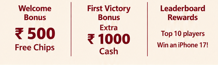 Welcome bonus: ₹ 500 free chips. First victory bonus: extra ₹ 1000 cash. Leaderboard rewards for the top 10 players.